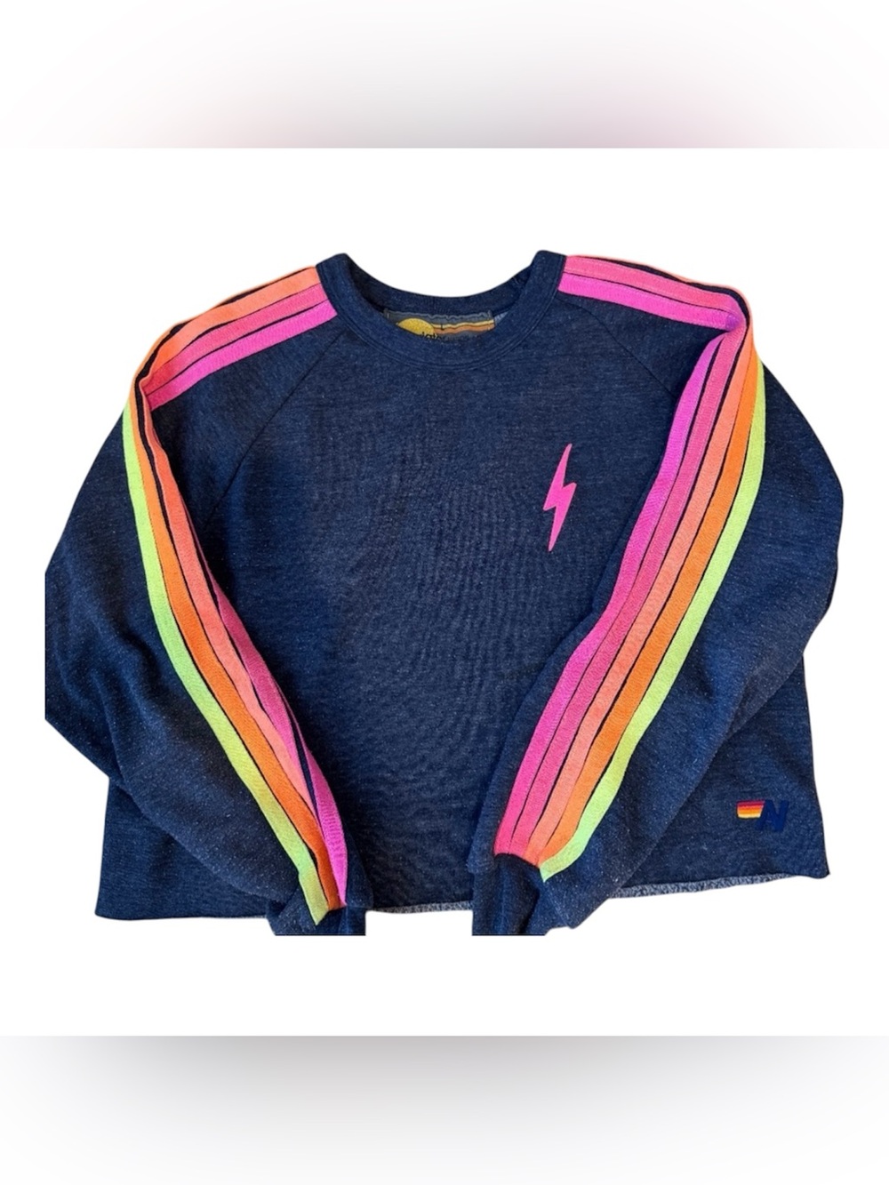 Aviator Nation Navy Cropped Crewneck Sweatshirt with Neon Bolt and Stripes - Picture 5 of 9